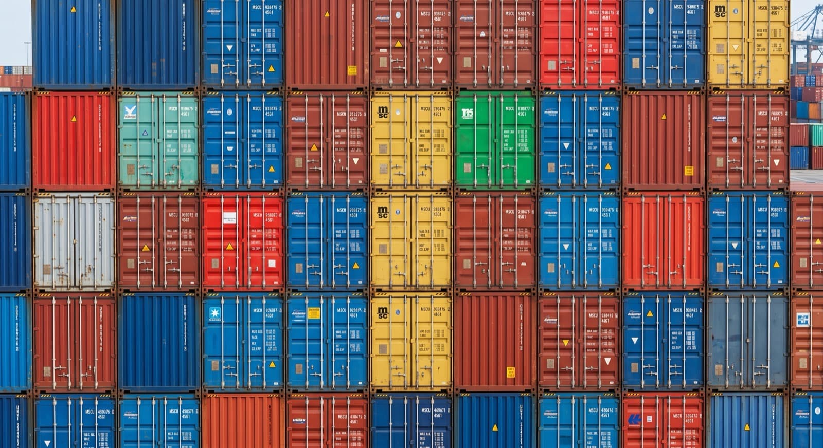 Rows of shipping containers at a freight terminal.