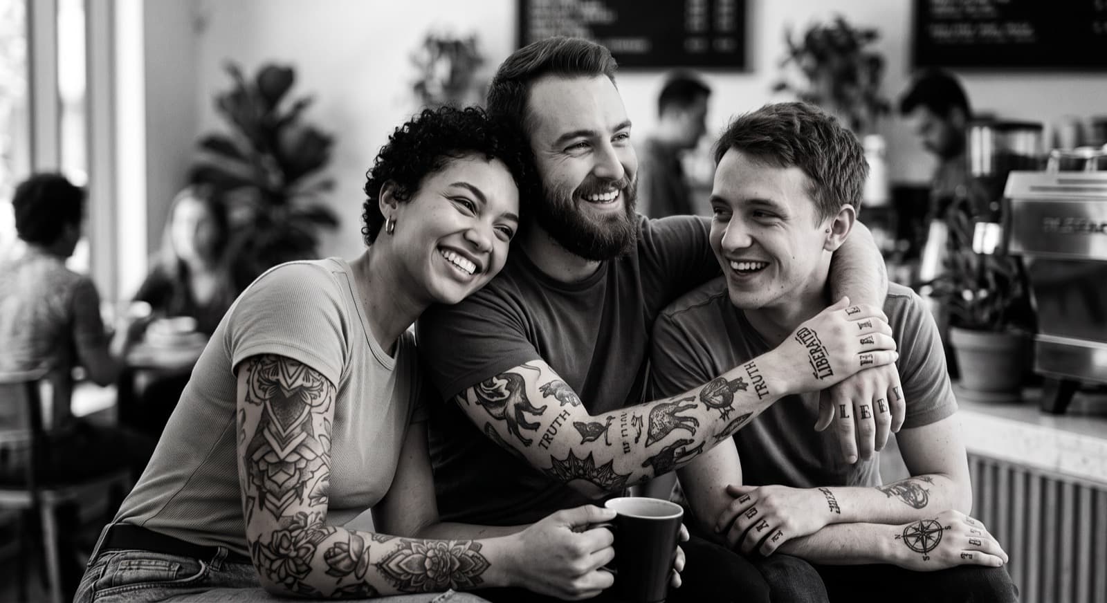 Three people sharing a conversation over coffee.